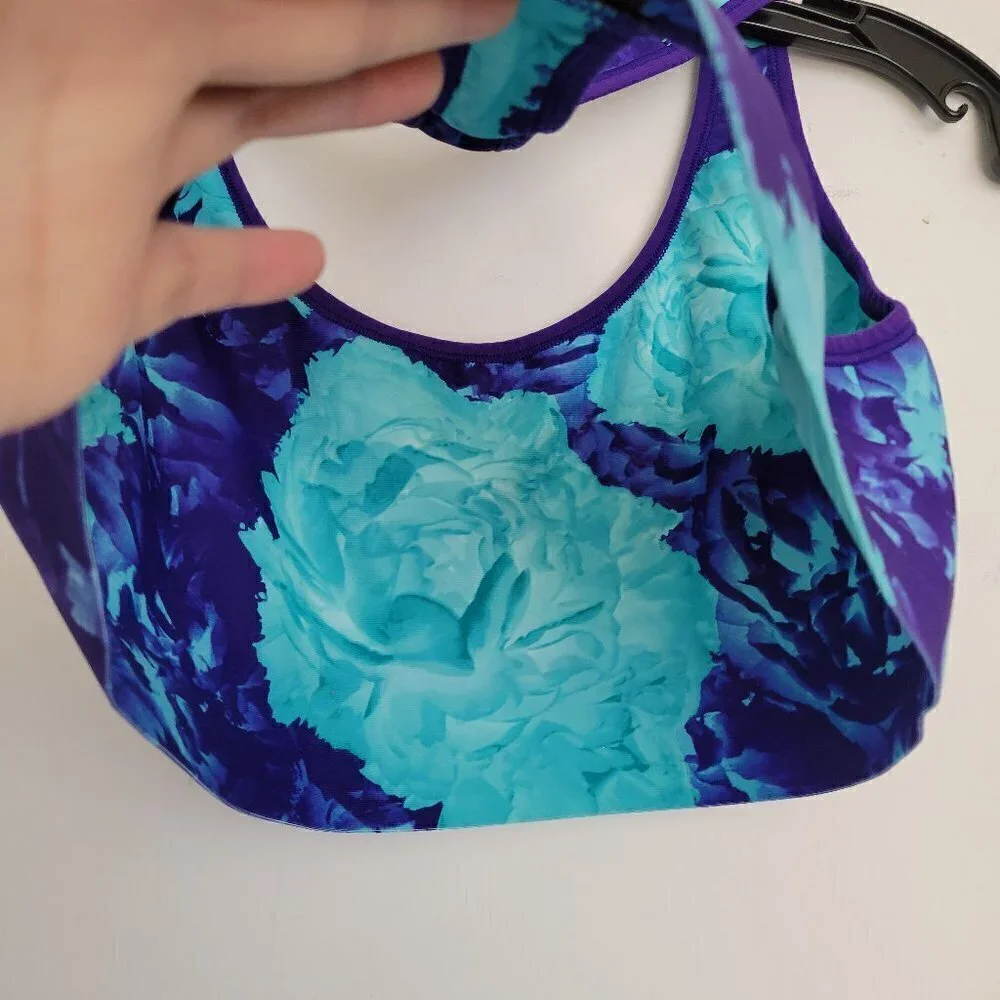 Champion Blue Purple Floral Watercolor Print Racerback Sports Bra Size Large